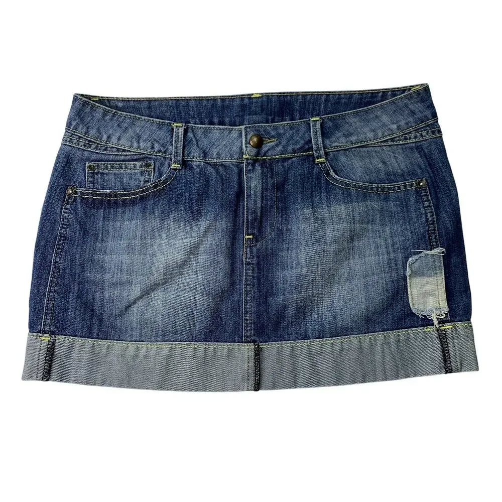 MNG Jeans Womens Size 10 Dark Wash Cut Off Denim Jean Mini Skirt Patchwork Y2K
